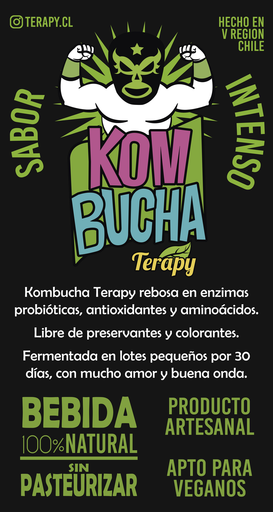 Kombucha Terapy rebosa en enzimas probióticas, antioxidantes y aminoácidos. Libre de preservantes y colorantes. Fermentada en lotes pequeños por 30 días, con mucho amor y buena onda.